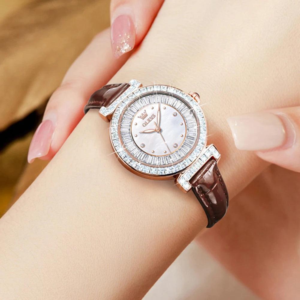 OLEVS Women's Watches Light luxury Fashion Original Quartz Watch for Ladies Waterproof Leather Strap Luminous Diamond Ring Dial Carauana Store