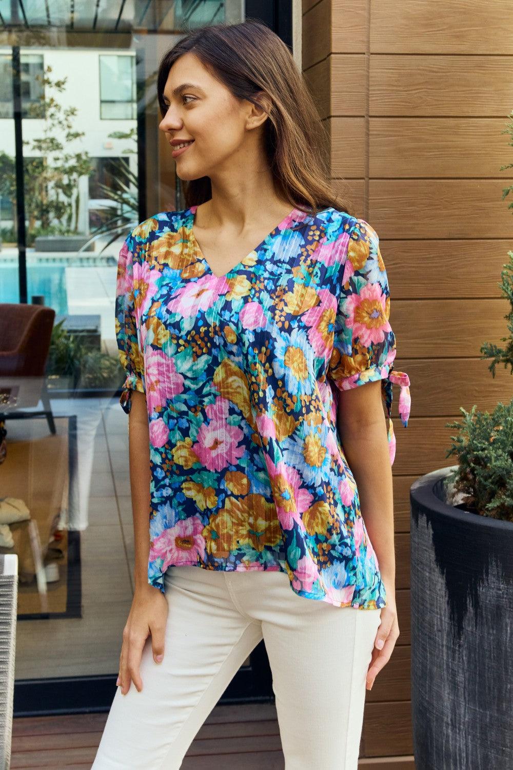 Petal Dew Full Size Floral V-Neck Tie Detail Blouse Carauana Store