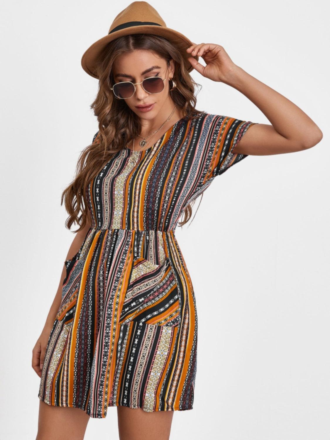 Pocketed Striped Short Sleeve Dress Carauana Store