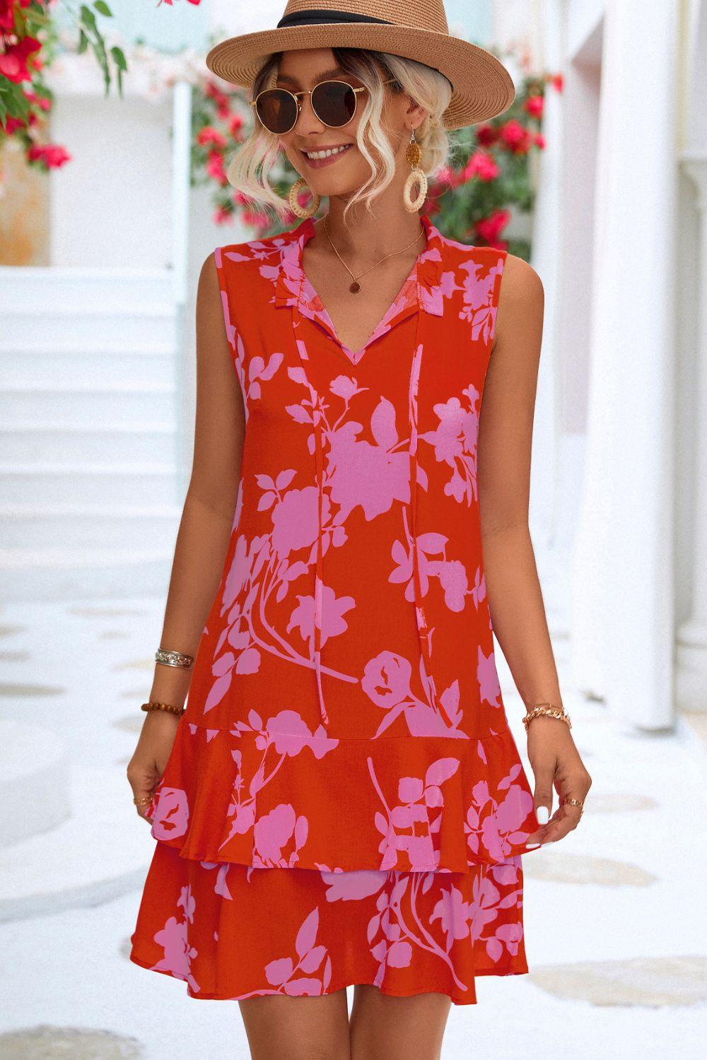 Printed Tie Neck Sleeveless Dress Carauana Store