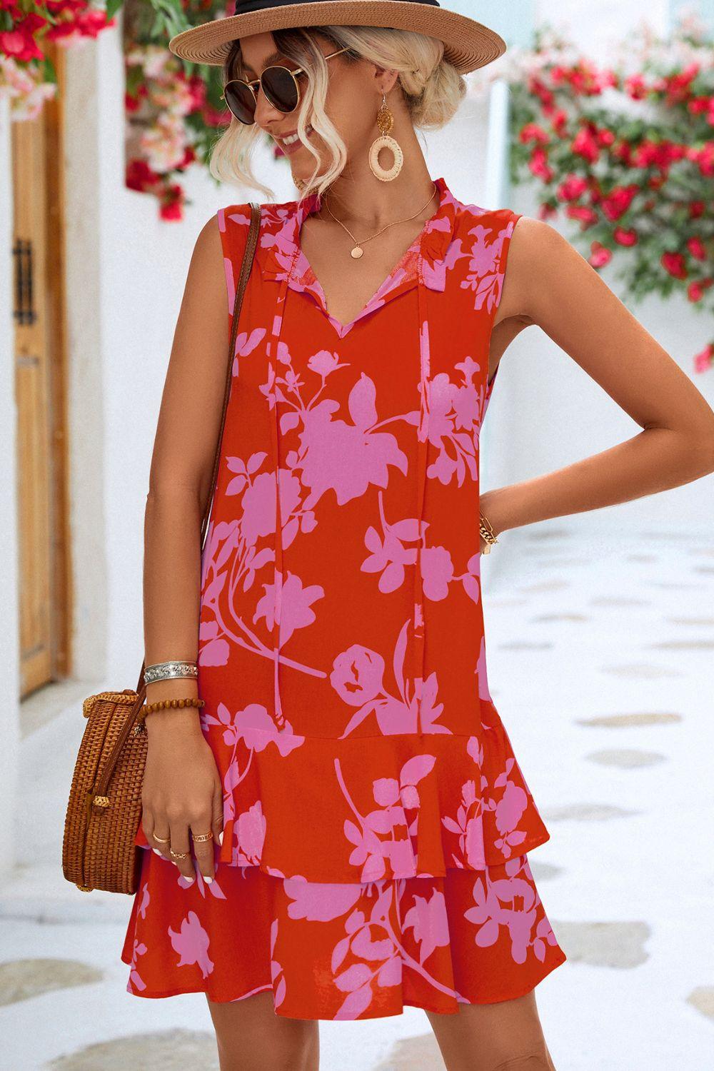 Printed Tie Neck Sleeveless Dress Carauana Store