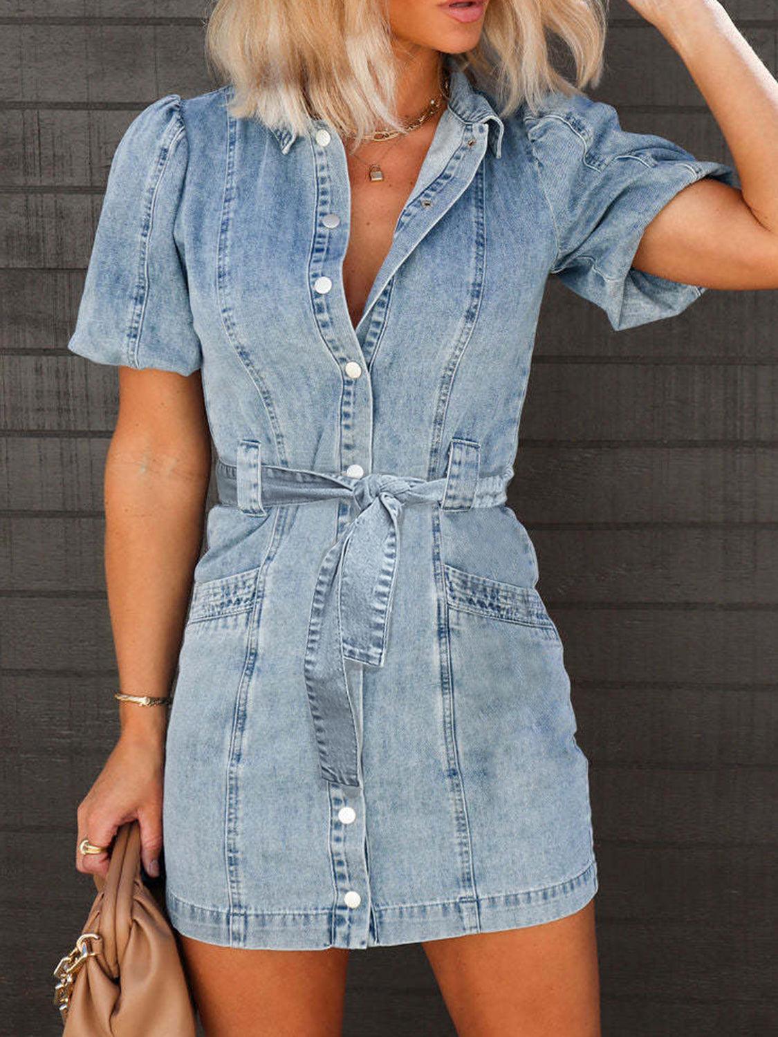 Puff Sleeve Button Up Mini Denim Dress Carauana Store