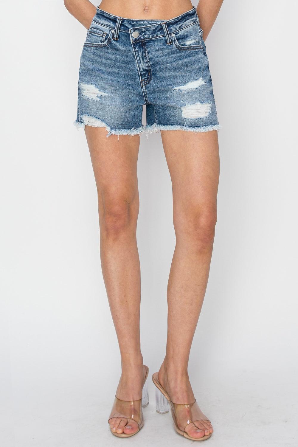 RISEN Stepped Waist Frayed Denim Shorts Carauana Store