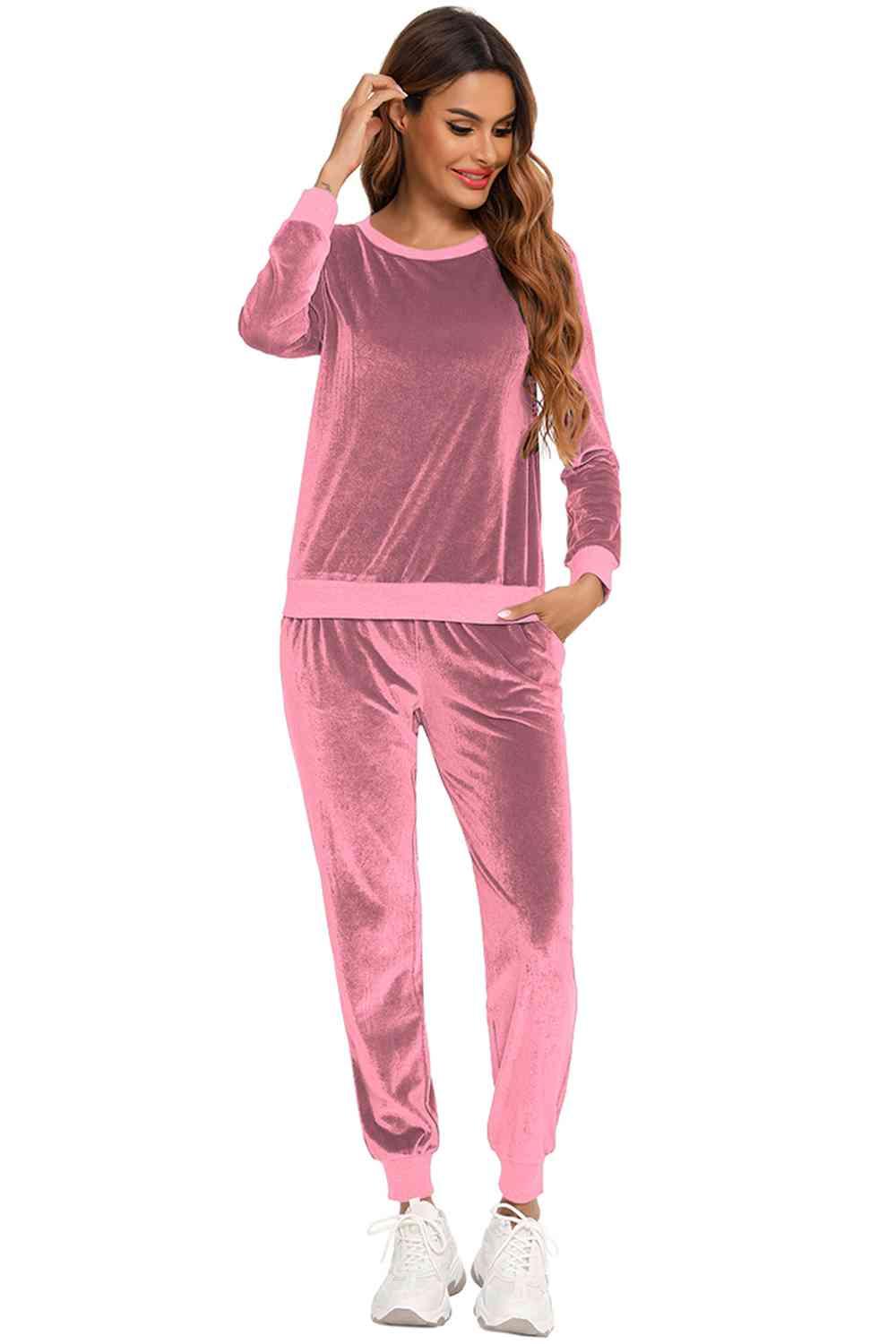 Round Neck Long Sleeve Loungewear Set with Pockets Carauana Store