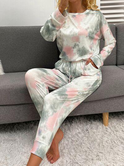 Tie-Dye Round Neck Top and Drawstring Pants Lounge Set Carauana Store
