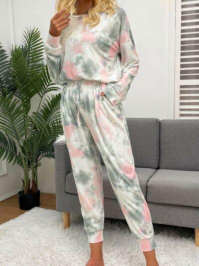 Tie-Dye Round Neck Top and Drawstring Pants Lounge Set Carauana Store