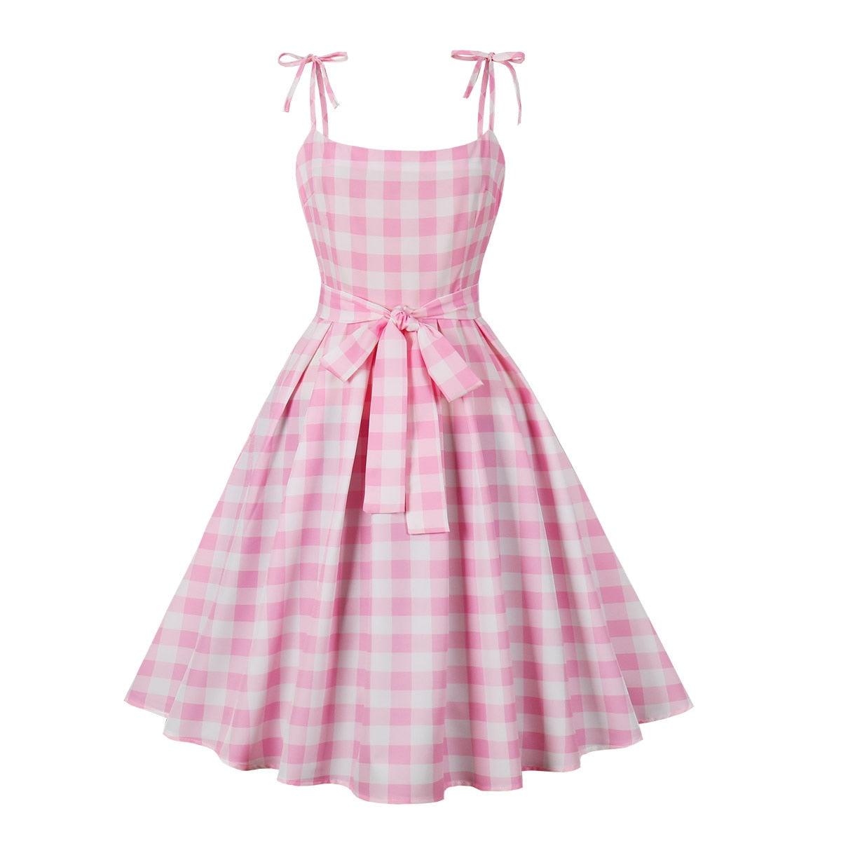 Women Vintage Barbiee Pink Plaid Dress Carauana Store