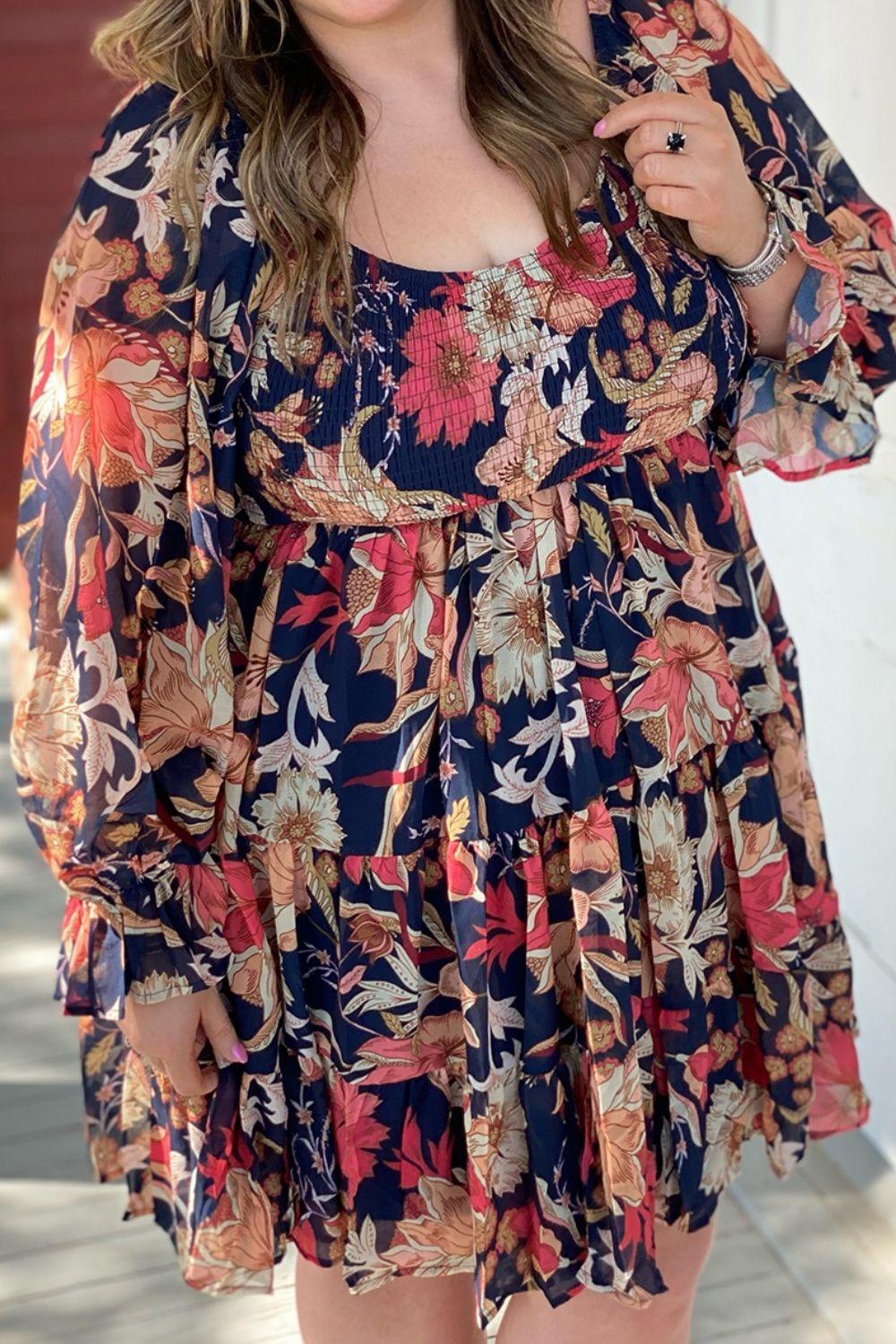 Plus Size Smocked Printed Long Sleeve Dress Carauana Store