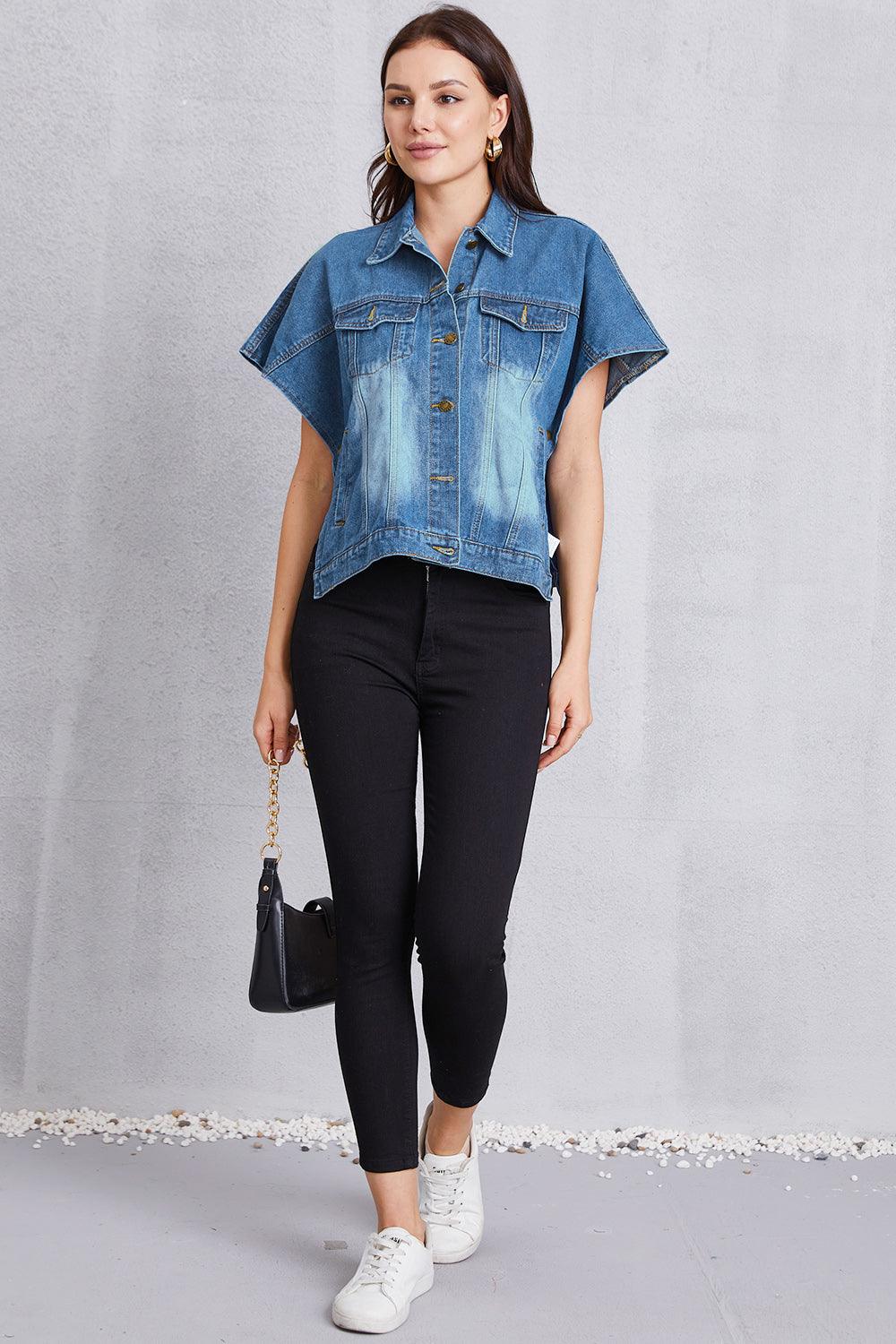Pocketed Button Up Short Sleeve Denim Top Carauana Store