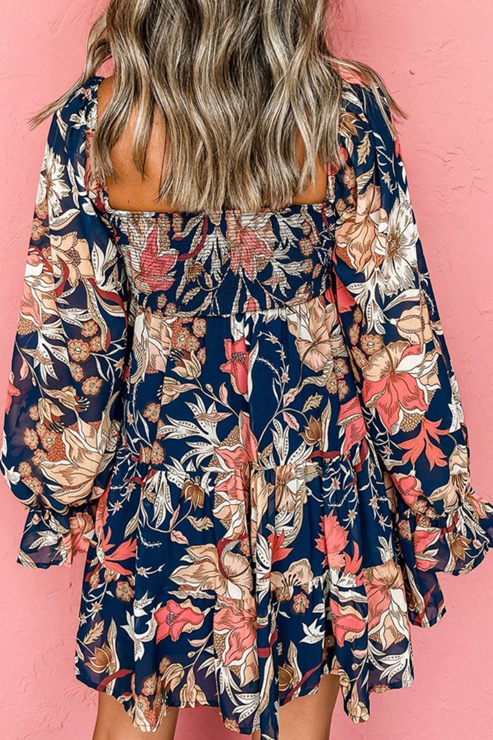 Plus Size Smocked Printed Long Sleeve Dress Carauana Store