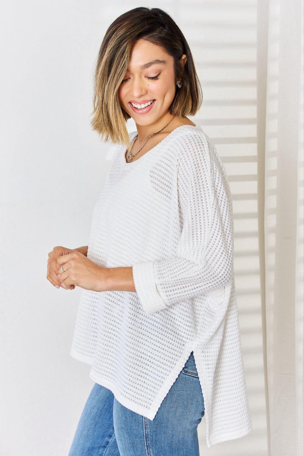 Zenana Full Size Waffle Knit V-Neck Long Sleeve Slit Top Carauana Store