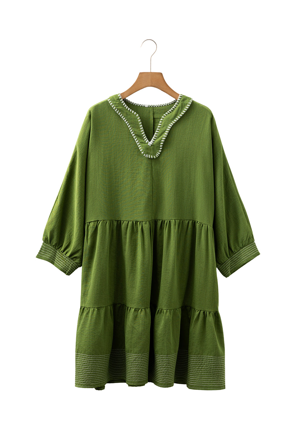 Jungle Green Contrast Stitched V Neck 3/4 Sleeve Tiered Mini Dress