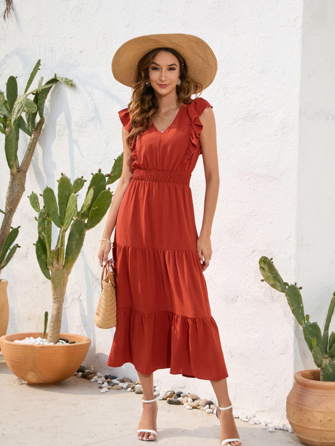 Tiered Ruffled V-Neck Cap Sleeve Dress Carauana Store