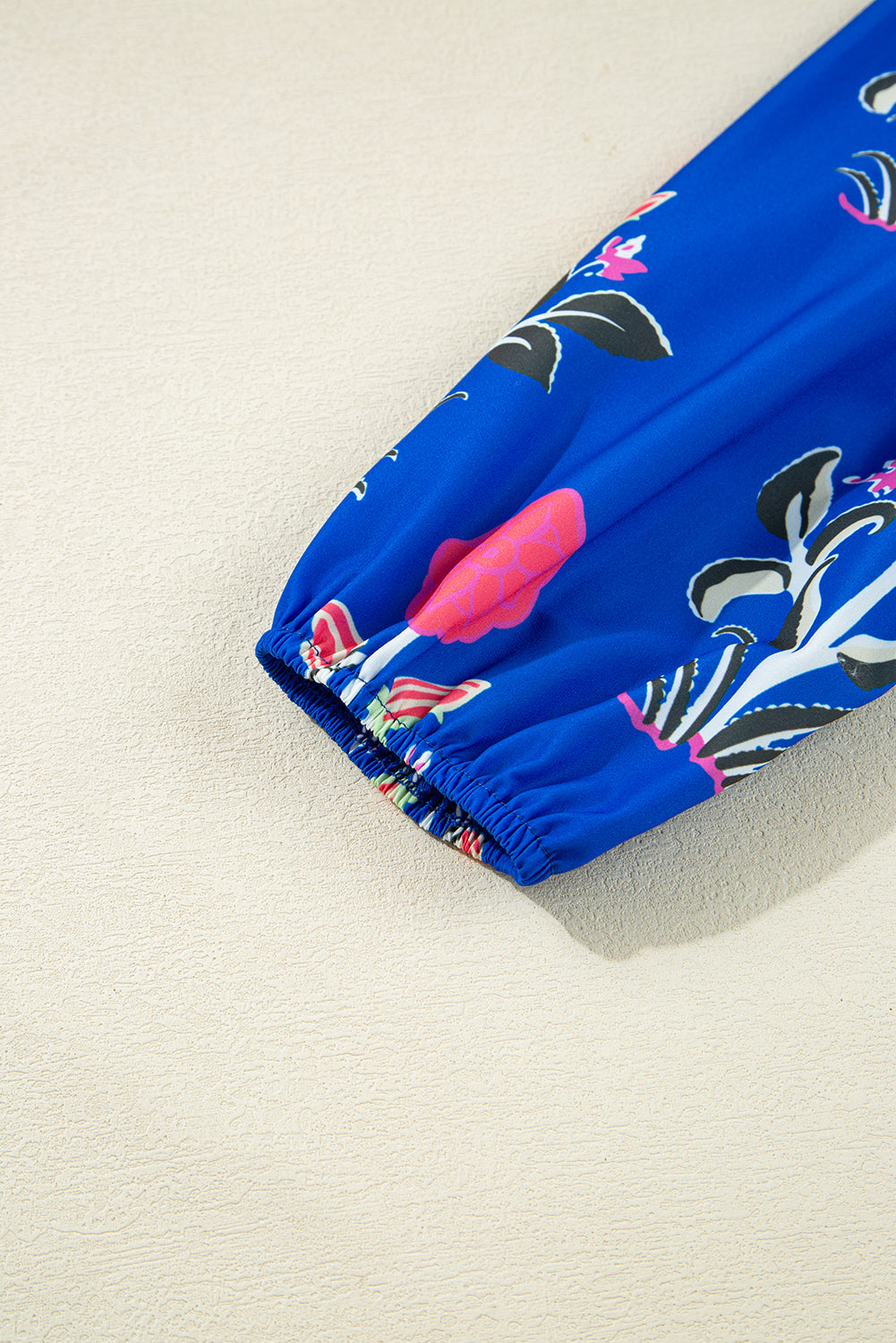 Sky Blue Floral Print Contrast Striped Trim Notched Neck Long Sleeve Dress