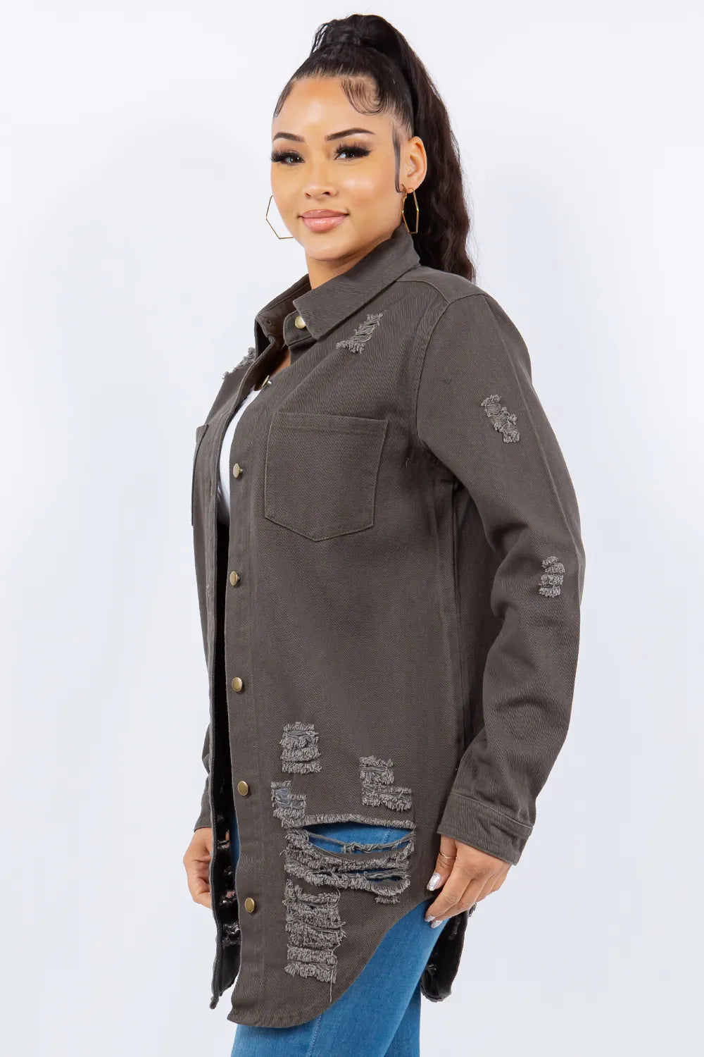 American Bazi Distressed Button Up Long Sleeve Denim Jacket Carauana Store