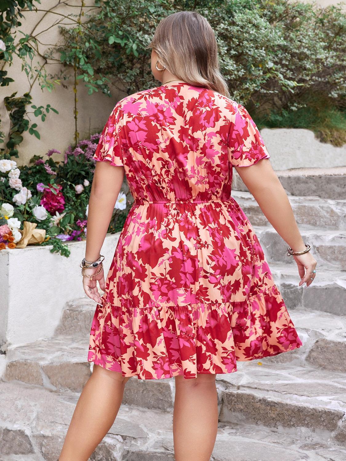 Plus Size Printed V-Neck Flutter Sleeve Dress Carauana Store