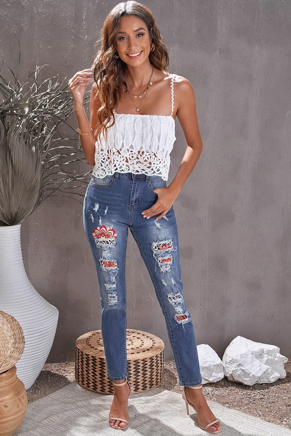 Baeful Leopard Patch Ankle-Length Jeans Carauana Store
