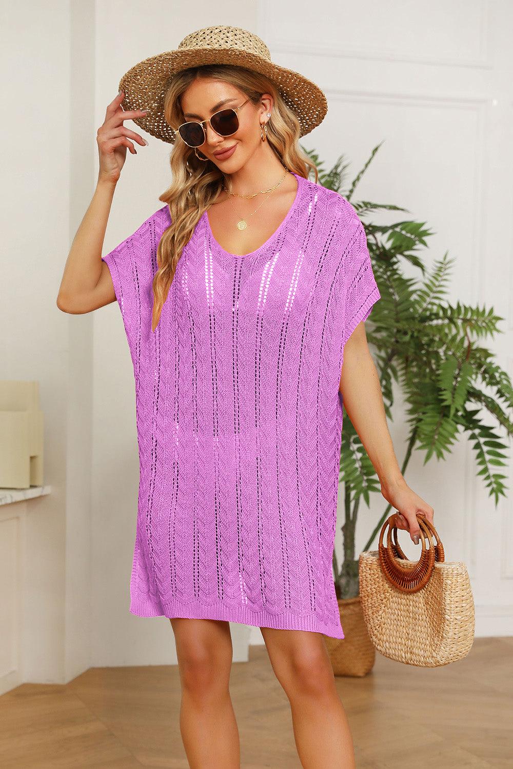 Double Take Openwork Short Sleeve Slit Knit Cover Up Carauana Store