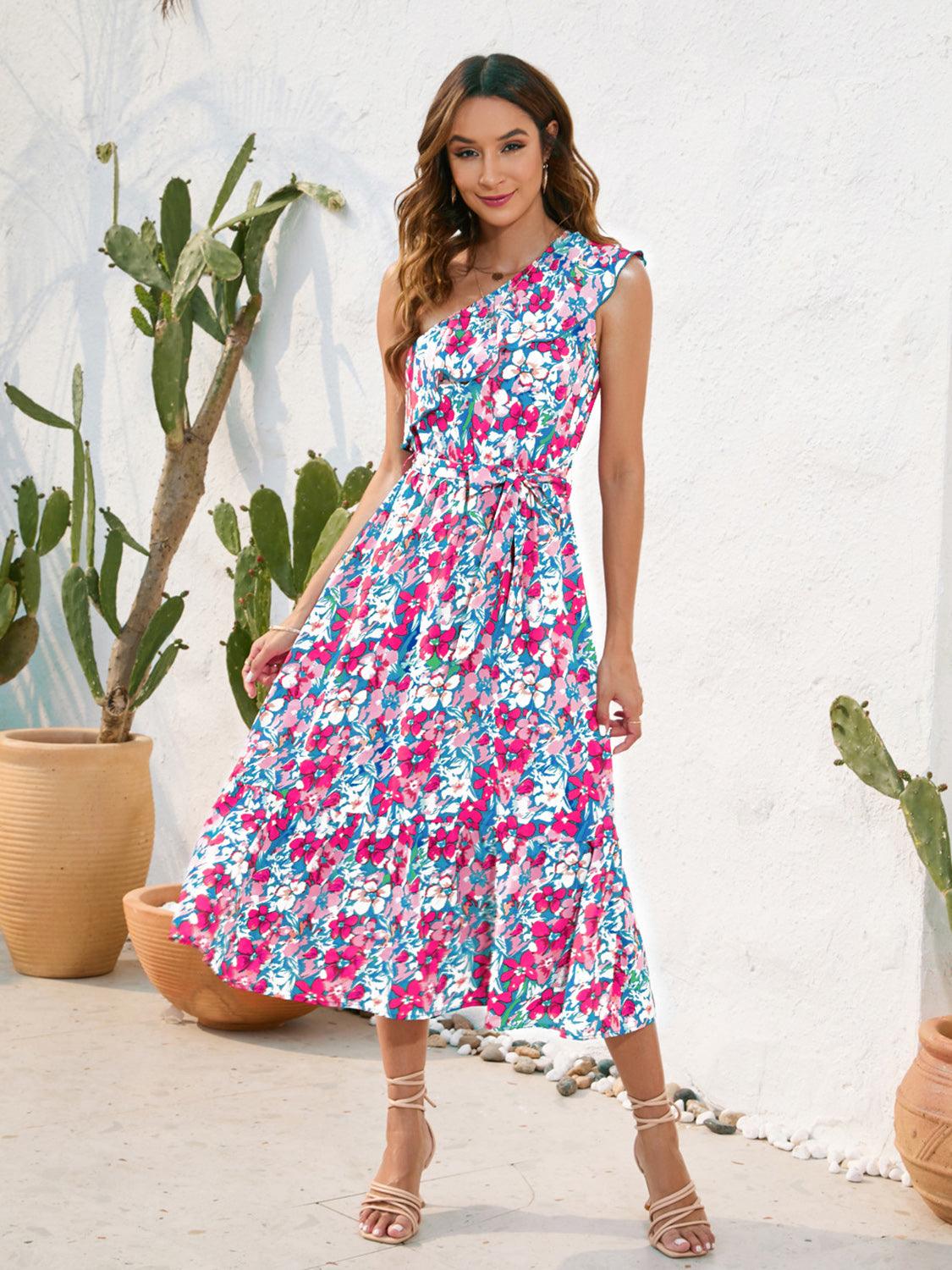 Ruffled Printed One Shoulder Midi Dress Carauana Store