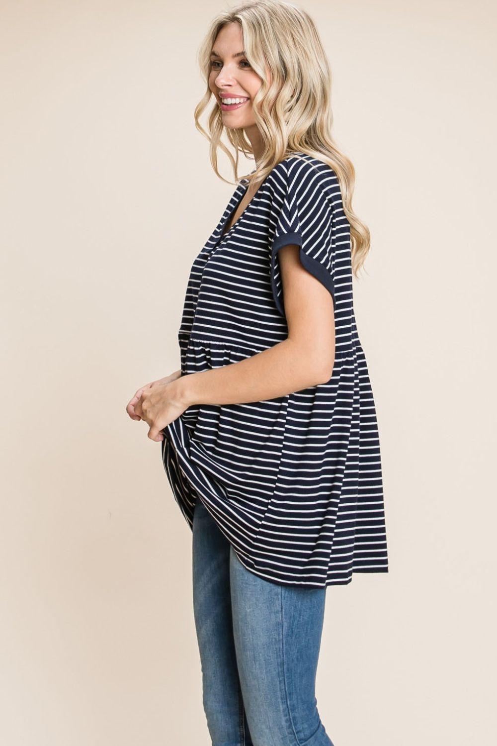 Cotton Bleu by Nu Label Striped Button Front Baby Doll Top Carauana Store