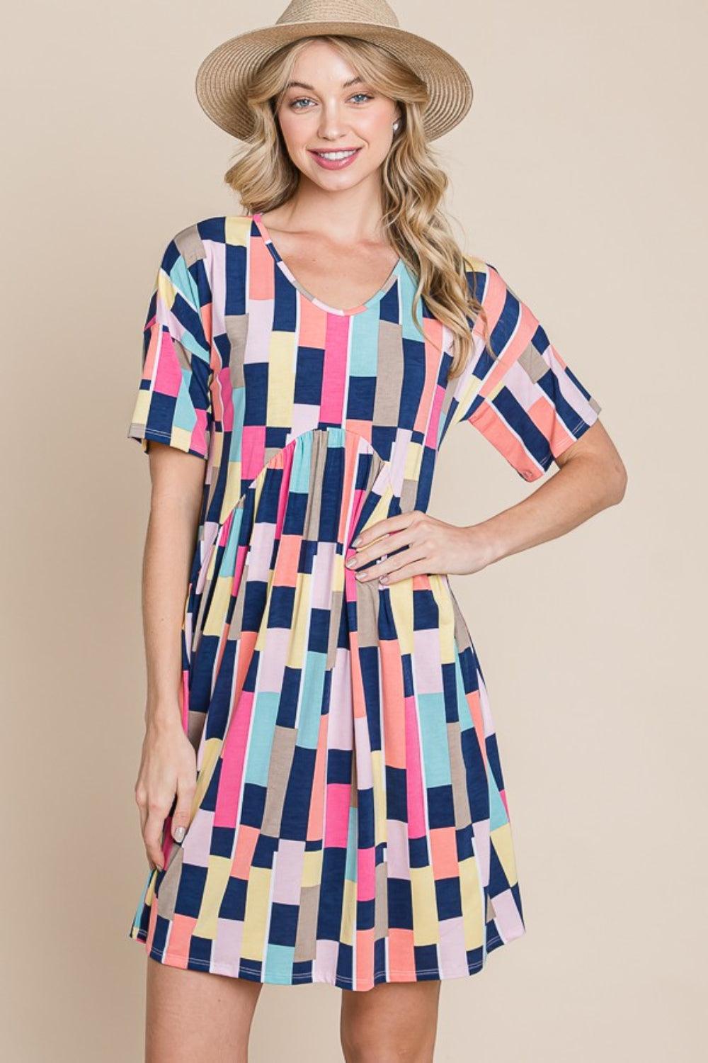 BOMBOM Ruched Color Block Short Sleeve Mini Dress Carauana Store