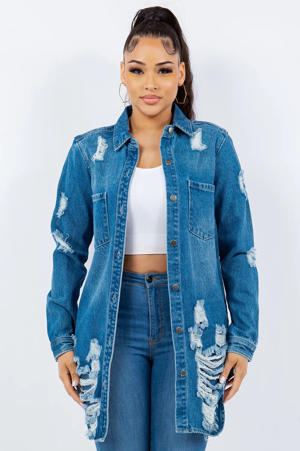 American Bazi Distressed Button Up Long Sleeve Denim Jacket Carauana Store