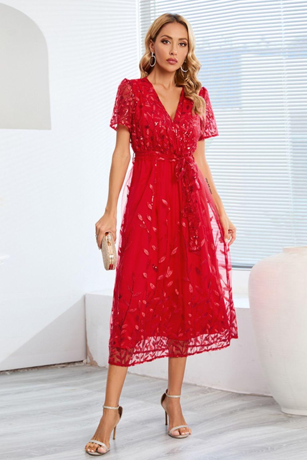 Sequin Leaf Embroidery Tie Front Short Sleeve Dress Carauana Store