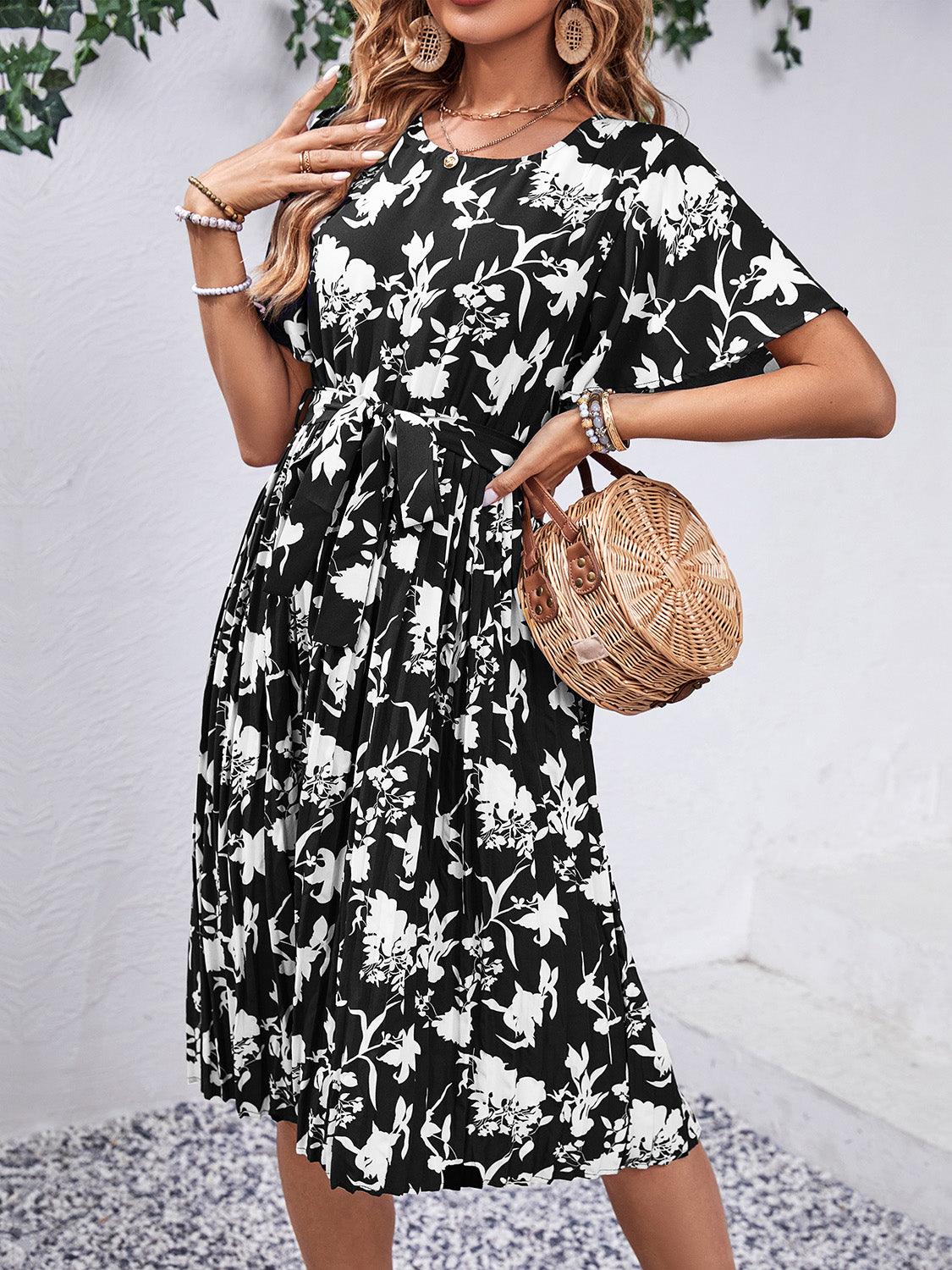 Printed Round Neck Short Sleeve Dress Carauana Store