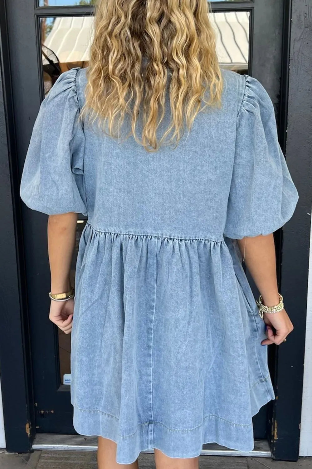 Bowknot Round Neck Half Sleeve Denim Dress Carauana Store