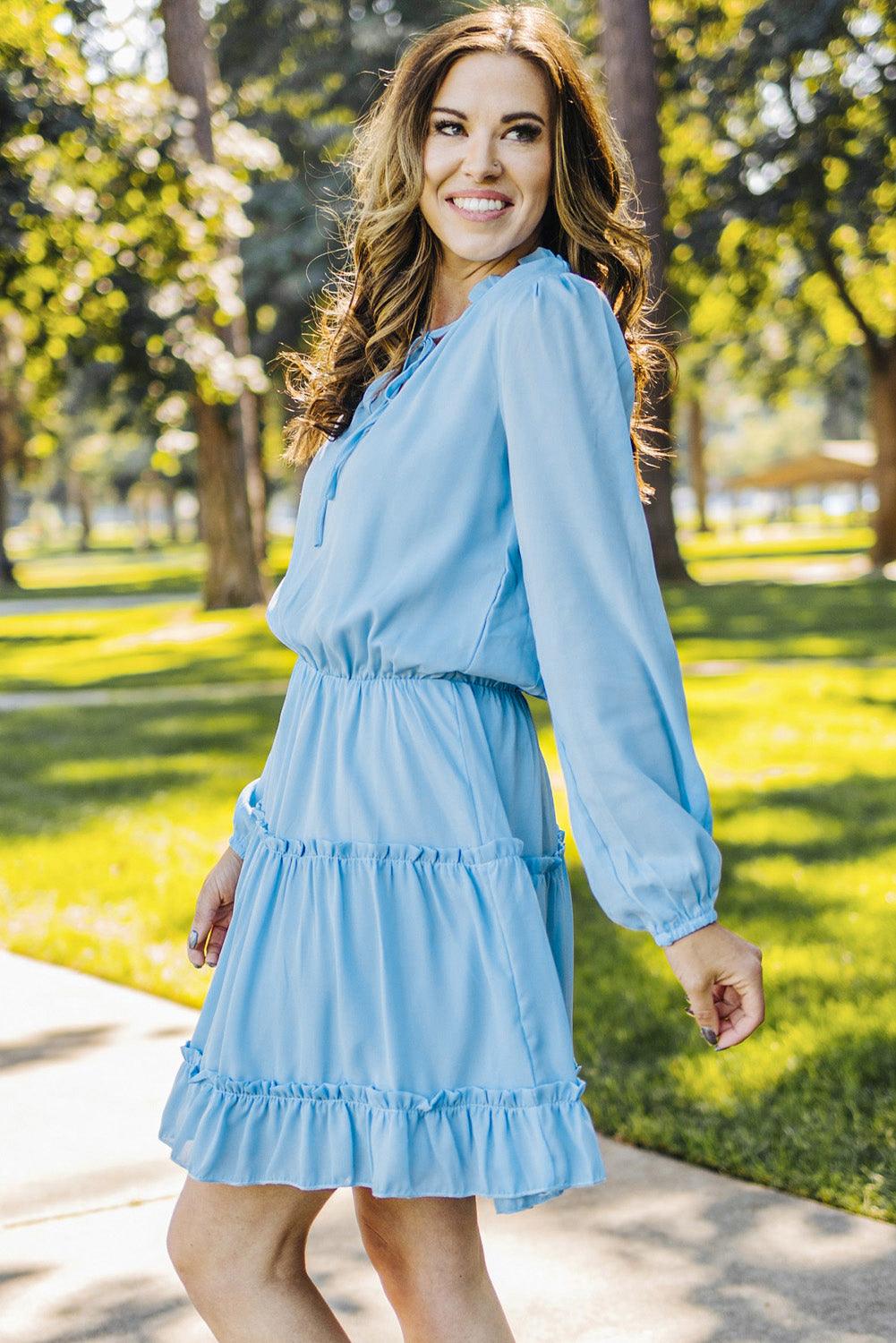 Frill Tie Neck Balloon Sleeve Dress Carauana Store