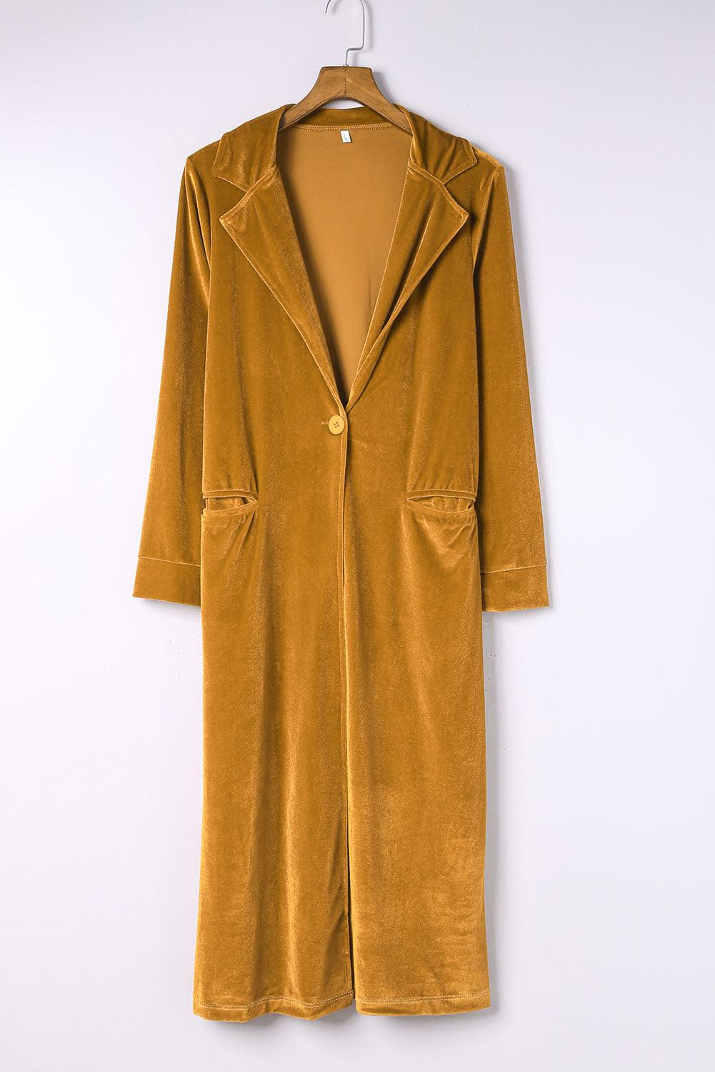 Collared Neck Longline Velvet Cardigan with Pockets Carauana Store