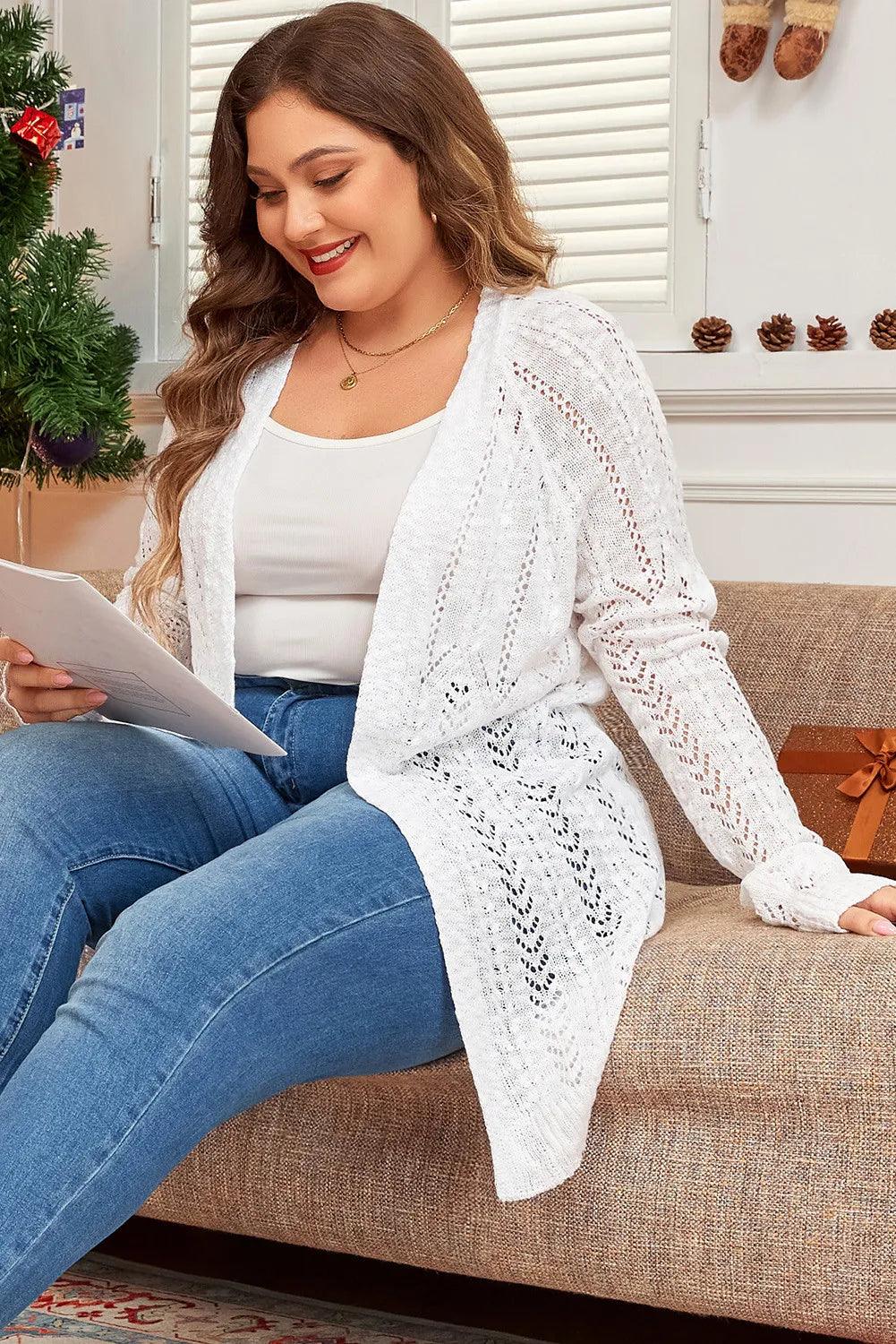 Plus Size Openwork Open Front Long Sleeve Cardigan Carauana Store