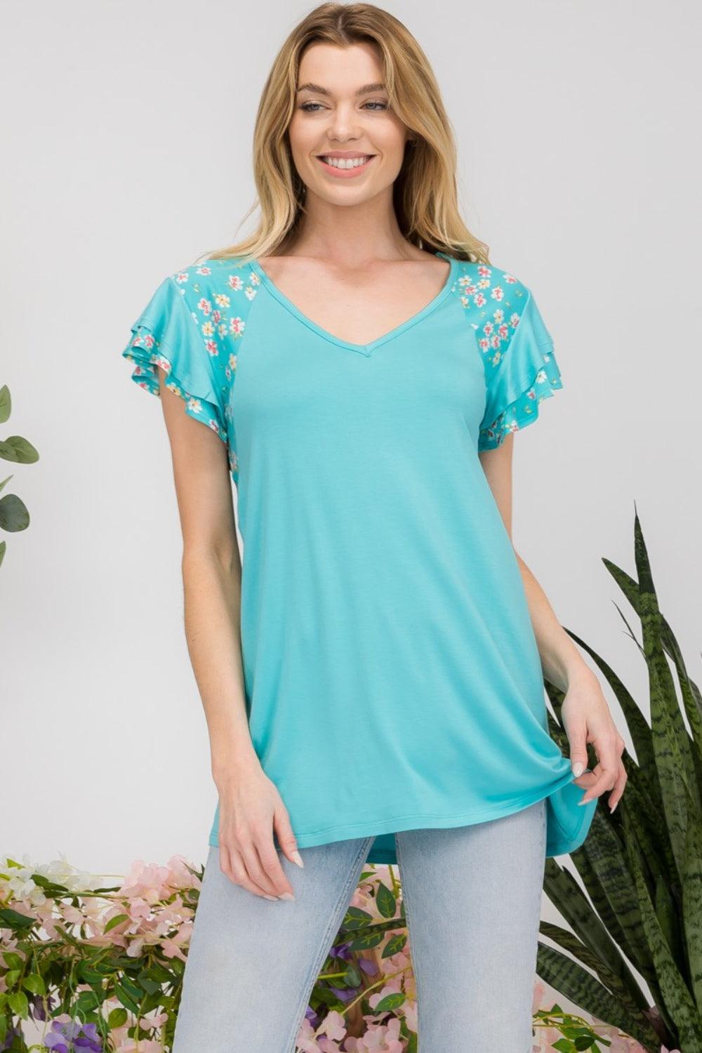 Celeste Full Size Floral Contrast Short Sleeve Top Carauana Store