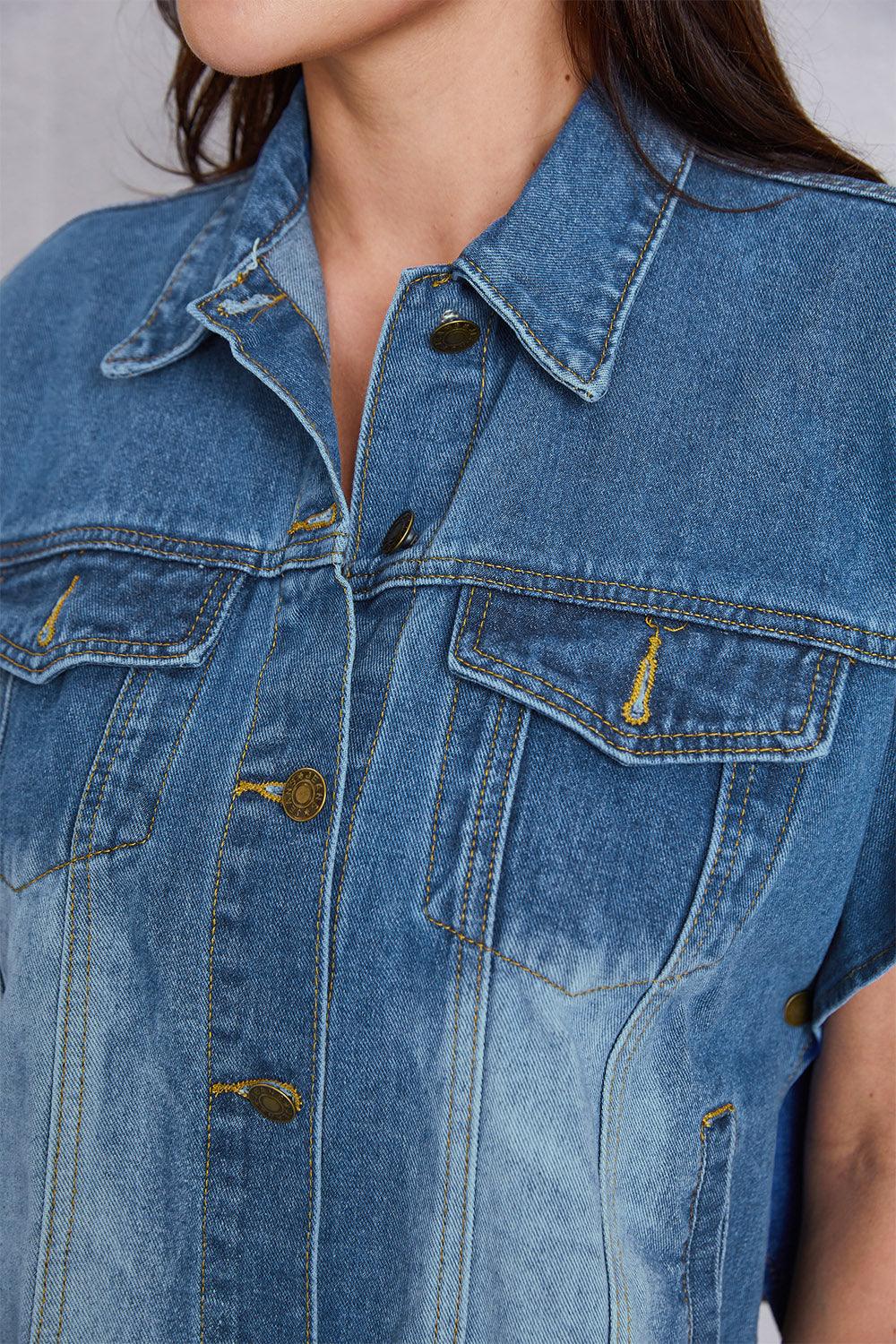 Pocketed Button Up Short Sleeve Denim Top Carauana Store