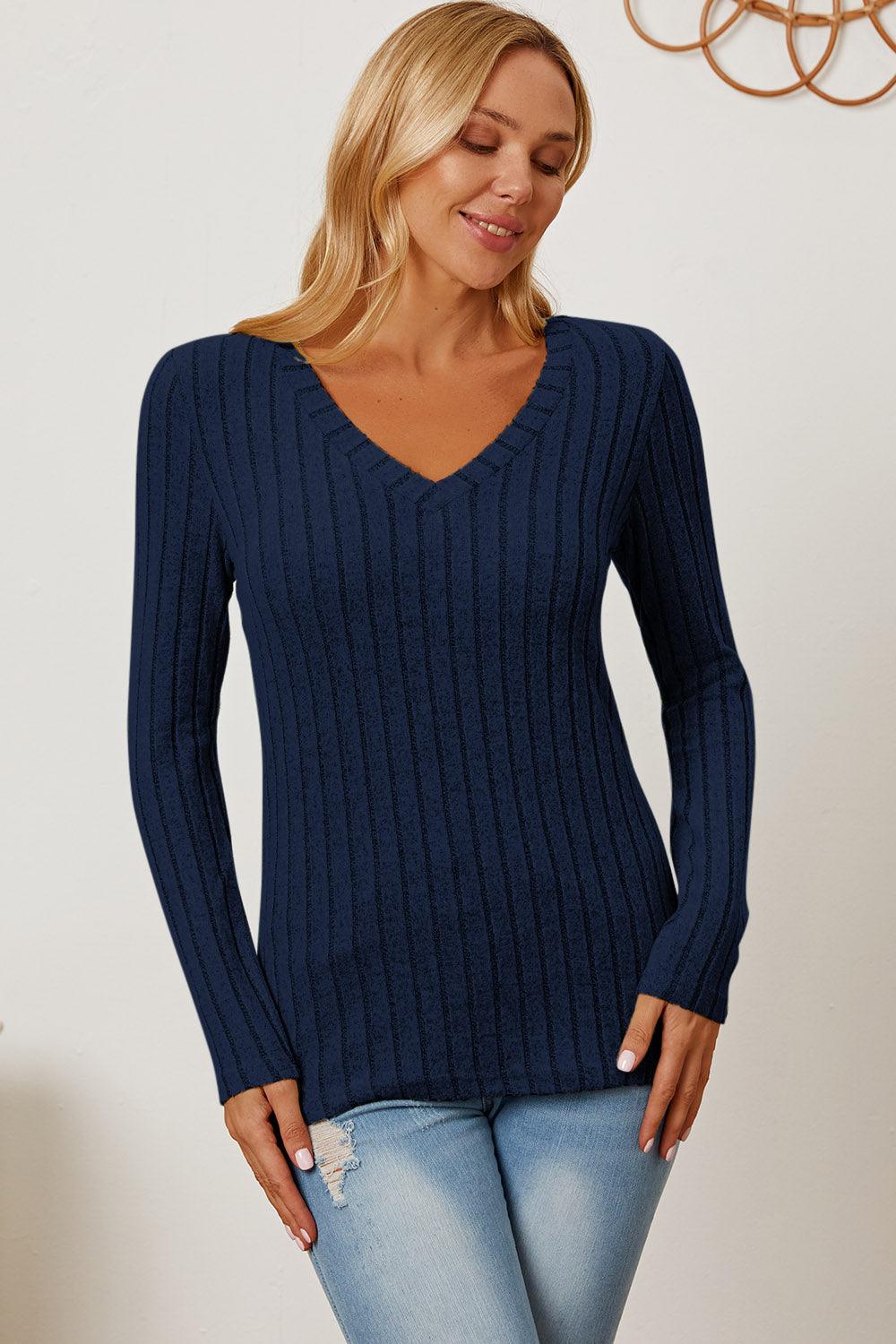 Basic Bae Full Size Ribbed V-Neck Long Sleeve T-Shirt Carauana Store