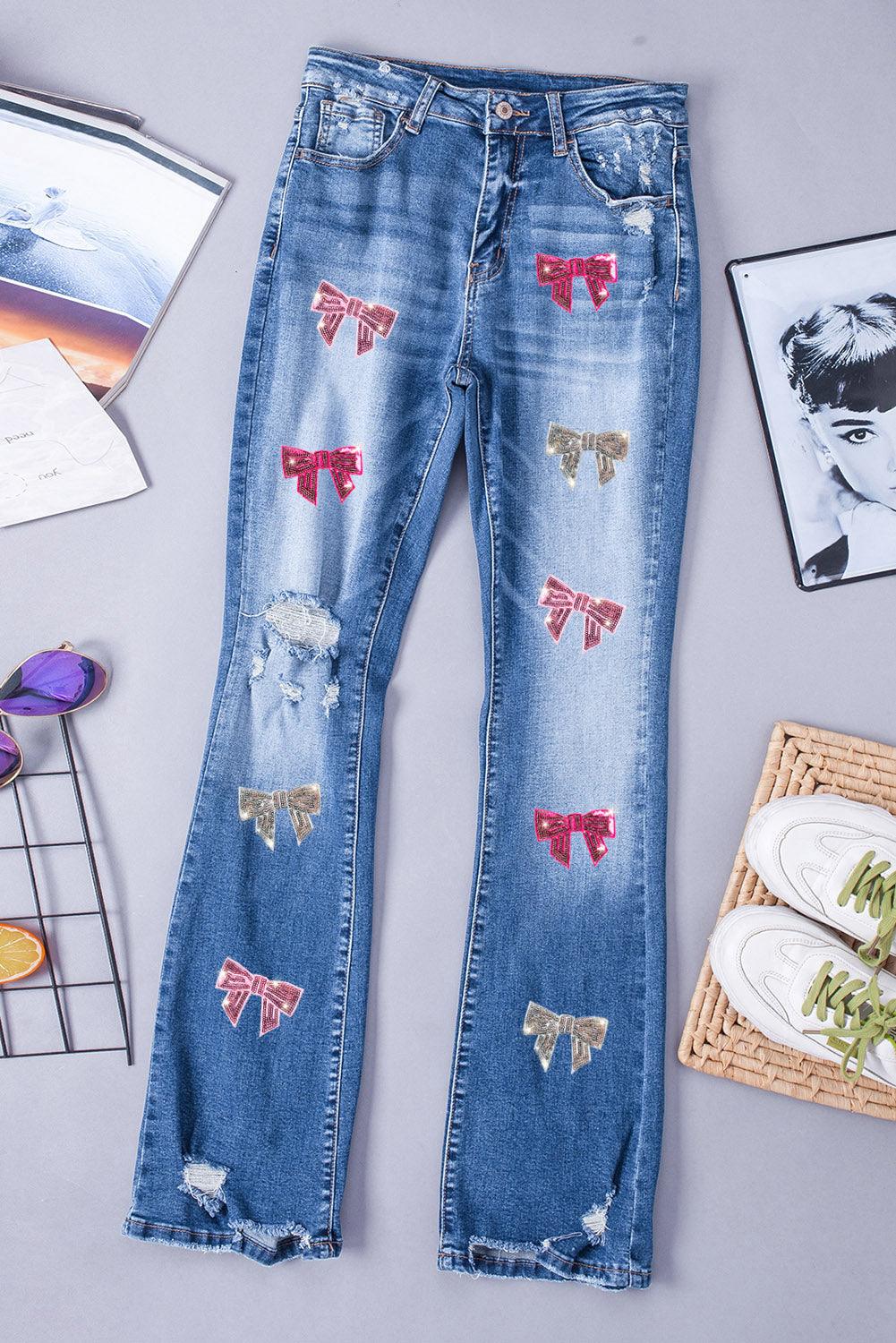 Sequin Bow Distressed Bootcut Jeans Carauana Store