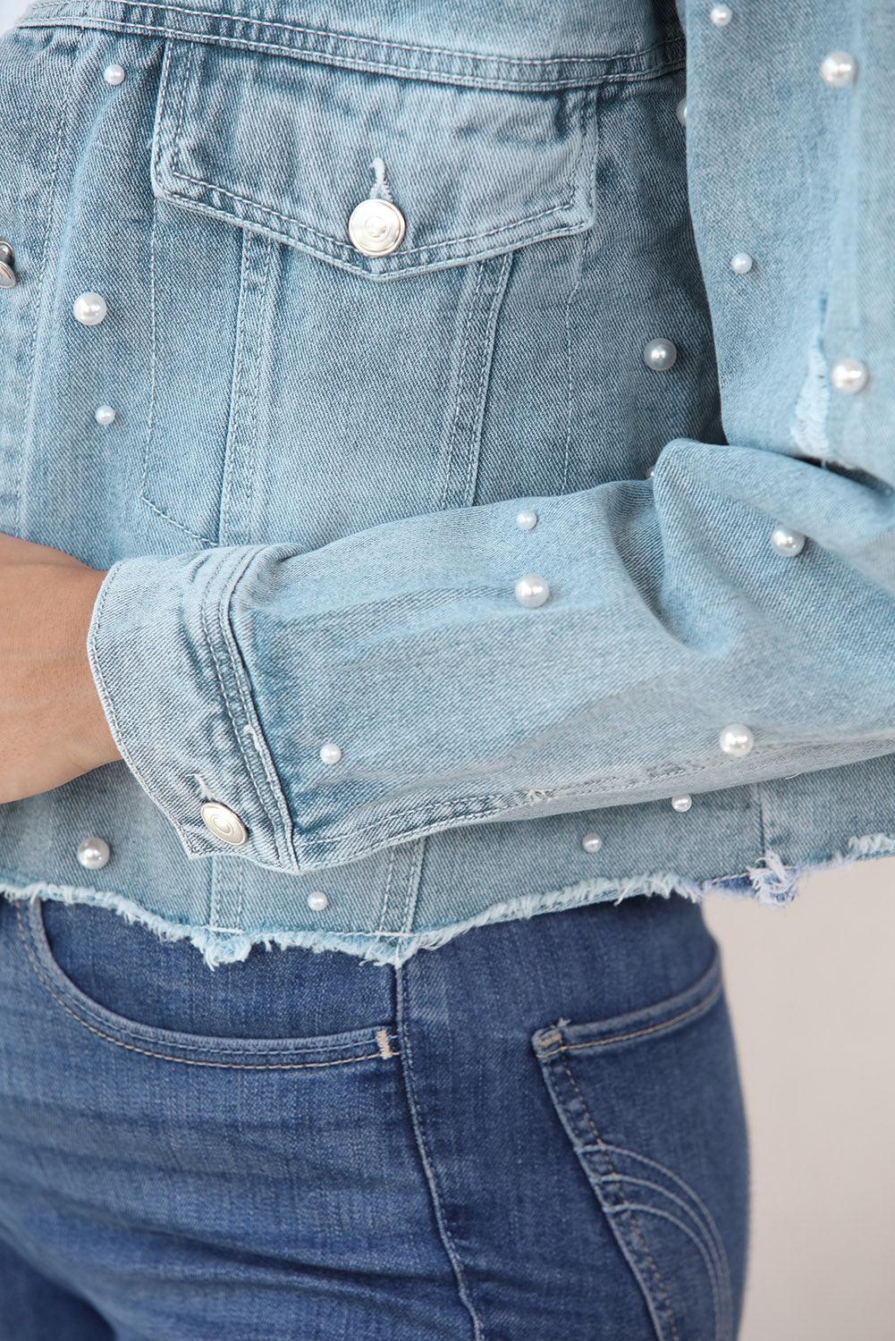 Distressed Pearl Trim Button Up Denim Jacket Carauana Store