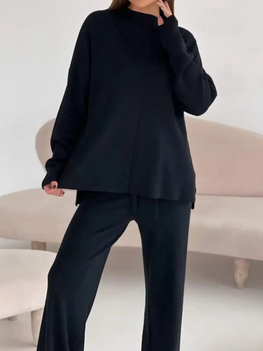 Slit Mock Neck Top and Pants Sweater Set Carauana Store