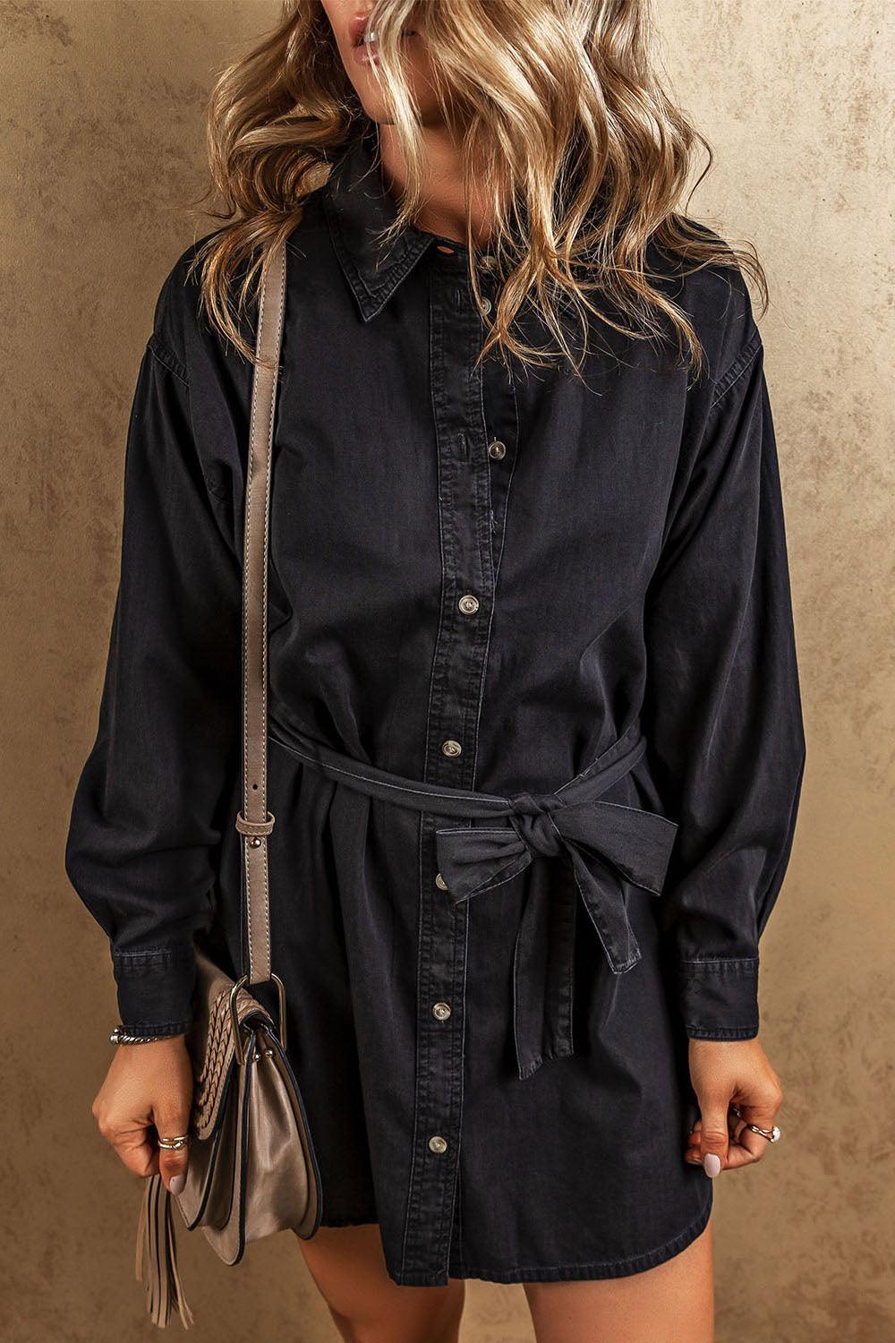 Button Up Collared Neck Denim Dress Carauana Store