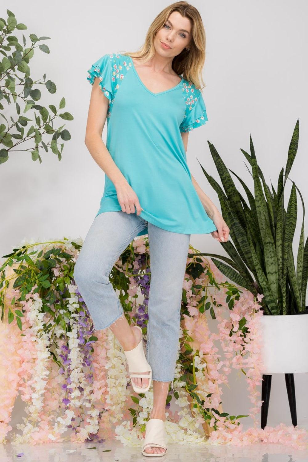 Celeste Full Size Floral Contrast Short Sleeve Top Carauana Store