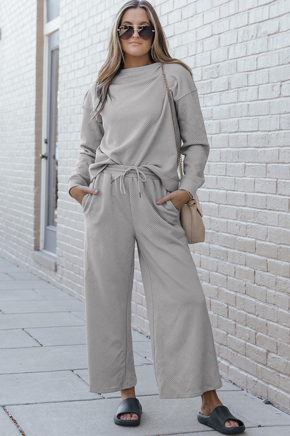 Double Take Full Size Textured Long Sleeve Top and Drawstring Pants Set Carauana Store