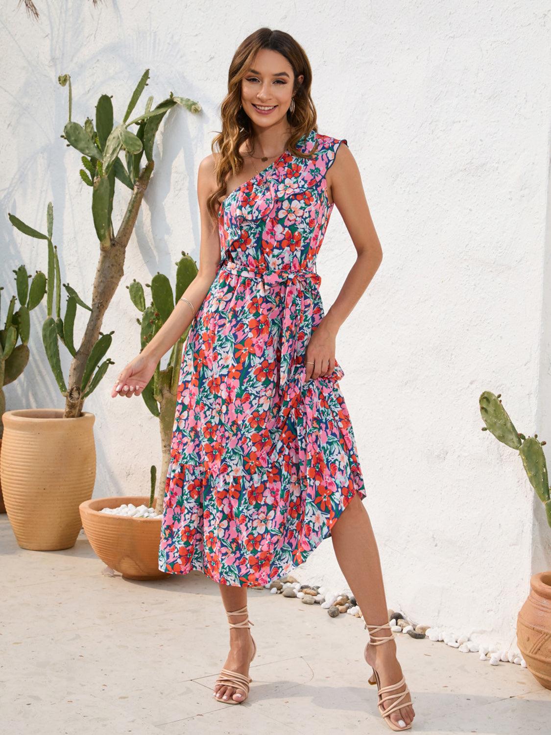 Ruffled Printed One Shoulder Midi Dress Carauana Store