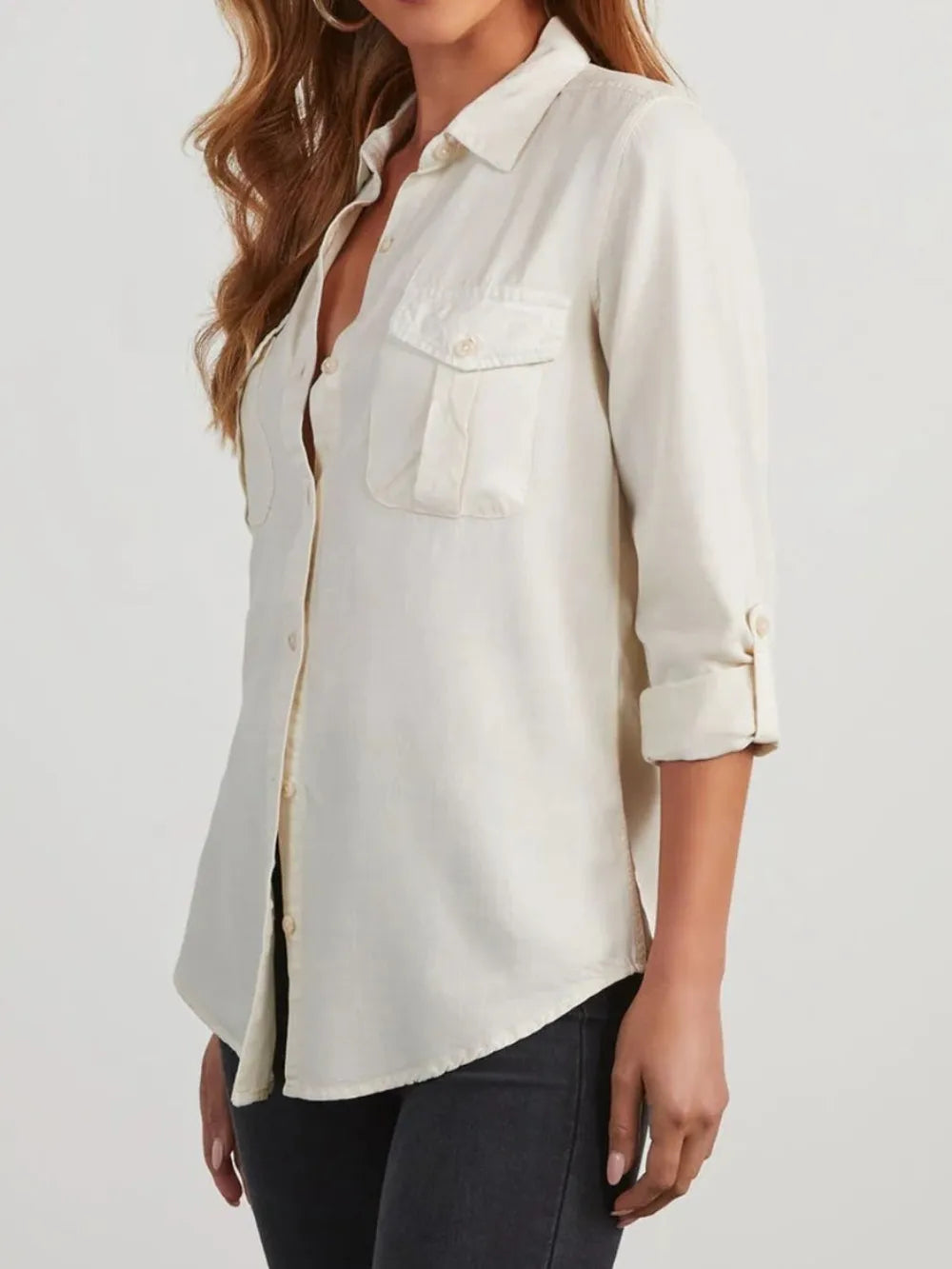 Collared Neck Roll-Tab Sleeve Denim Top Carauana Store