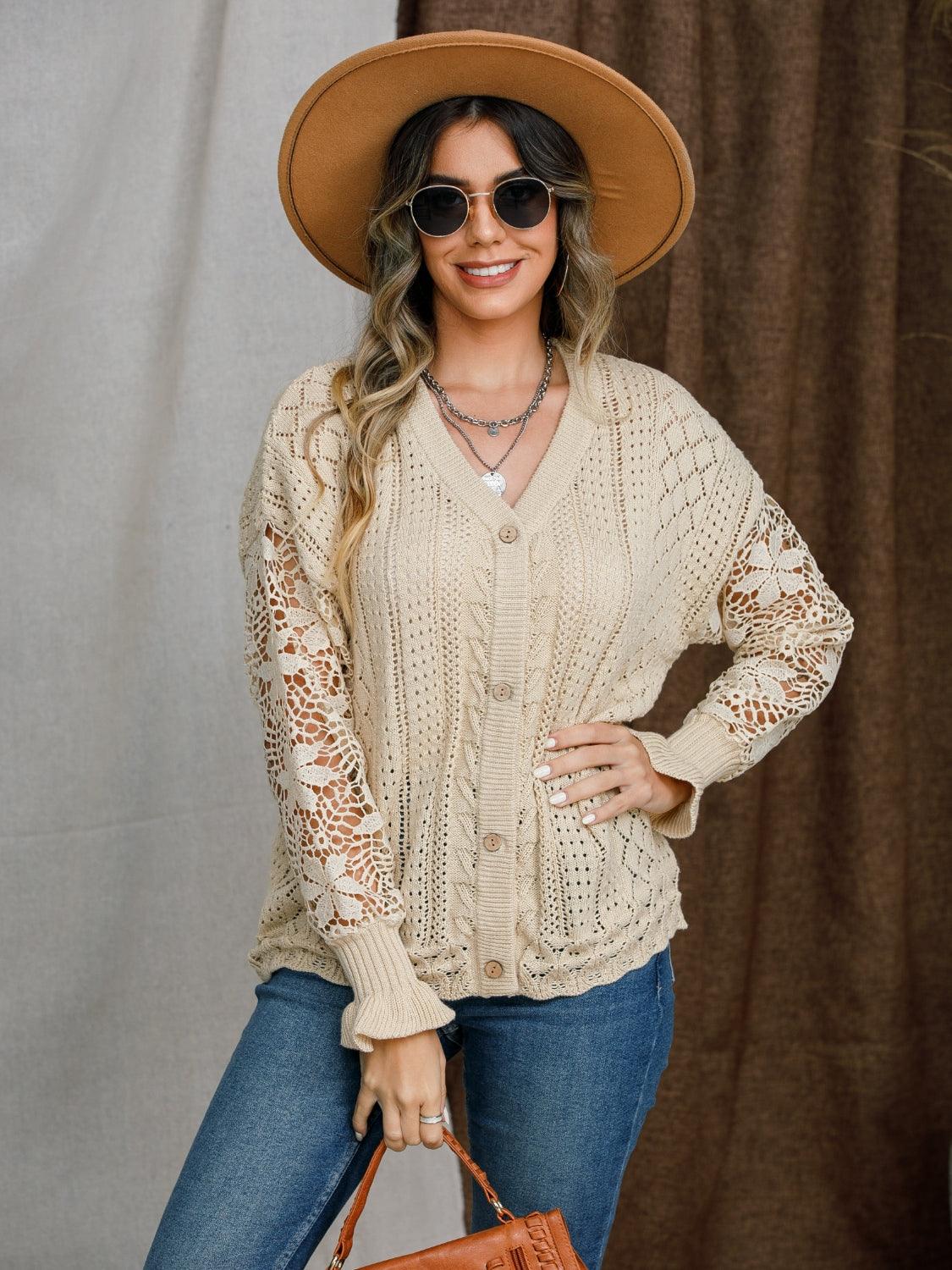 Eyelet Button Up Lantern Sleeve Cardigan Carauana Store