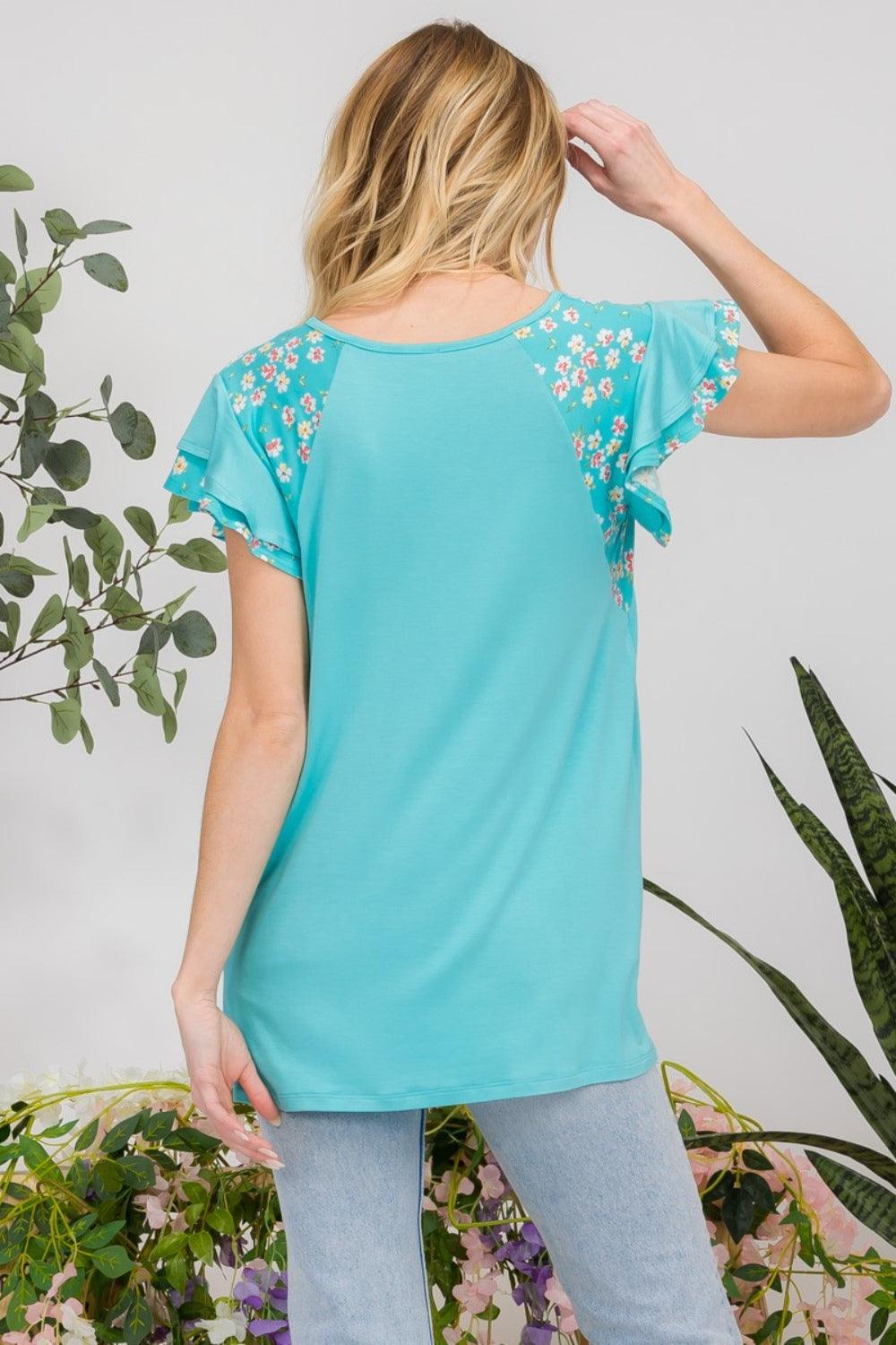 Celeste Full Size Floral Contrast Short Sleeve Top Carauana Store