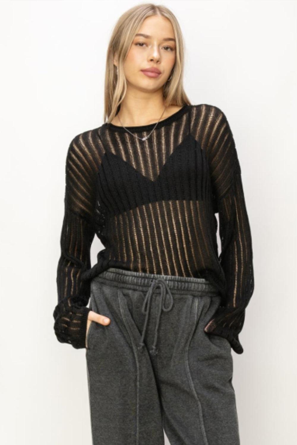 HYFVE Openwork Ribbed Long Sleeve Knit Top Carauana Store