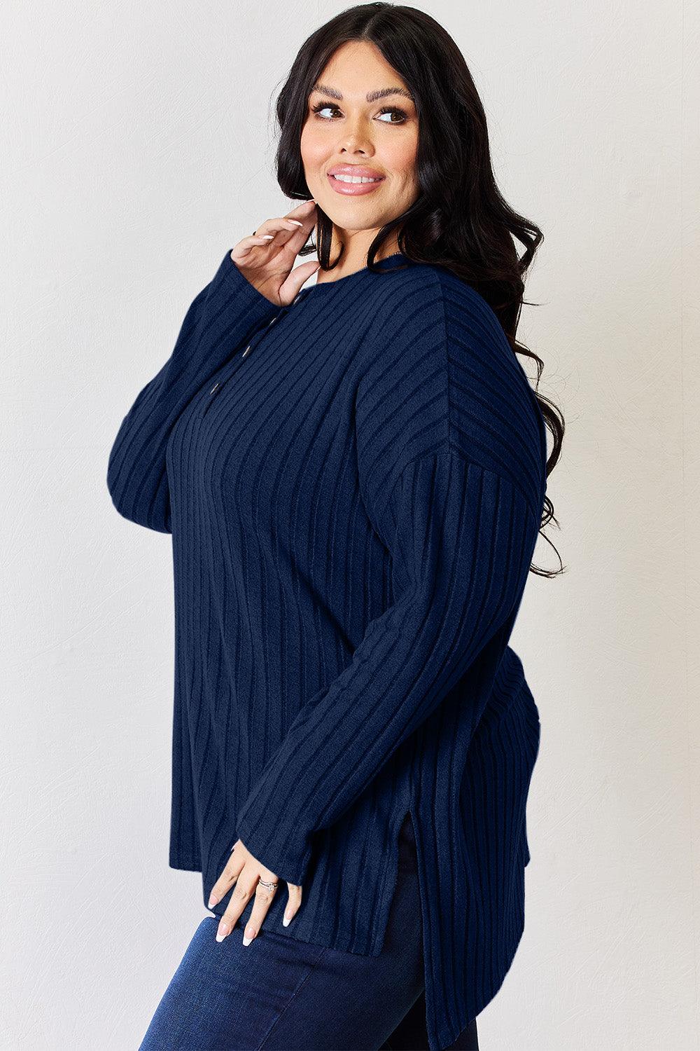 Basic Bae Full Size Ribbed Half Button Long Sleeve High-Low T-Shirt Carauana Store