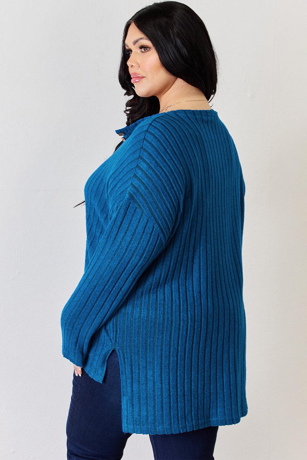 Basic Bae Full Size Ribbed Half Button Long Sleeve High-Low T-Shirt Carauana Store