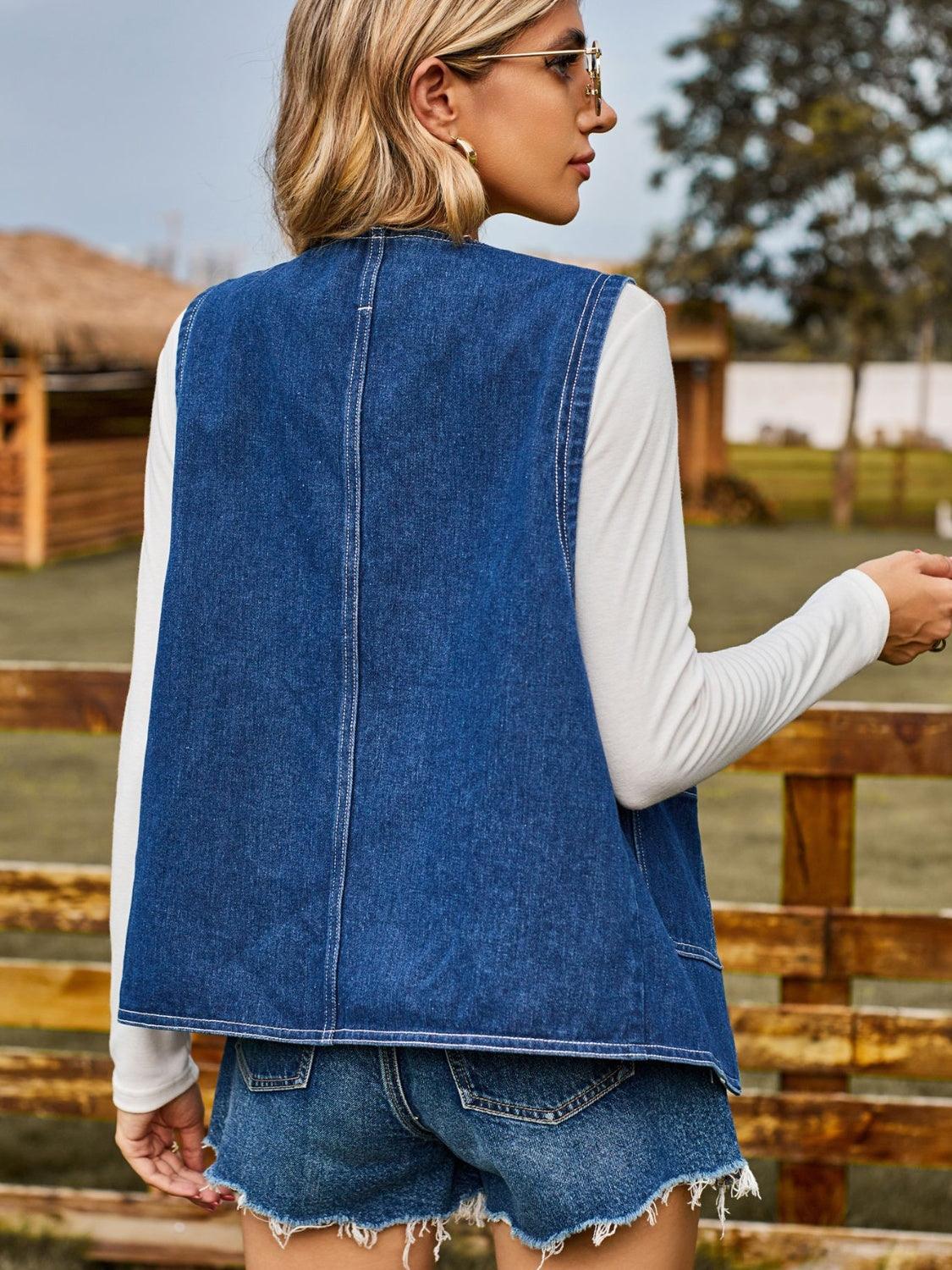Pocketed Button Up Sleeveless Denim Jacket Carauana Store