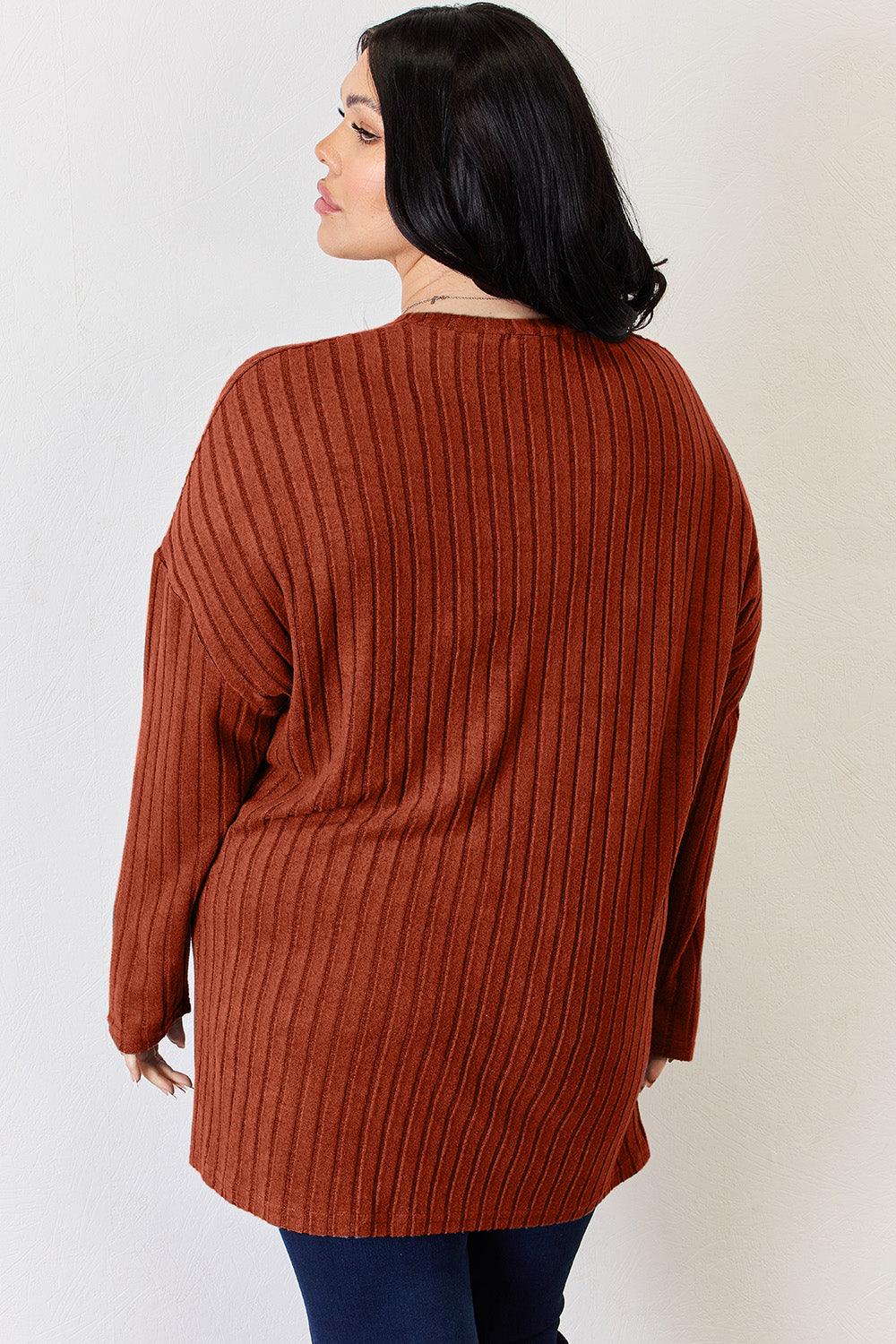 Basic Bae Full Size Ribbed Half Button Long Sleeve High-Low T-Shirt Carauana Store